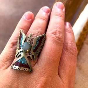 Phoenix ring - turquoise and blue colored highlights with faux opal